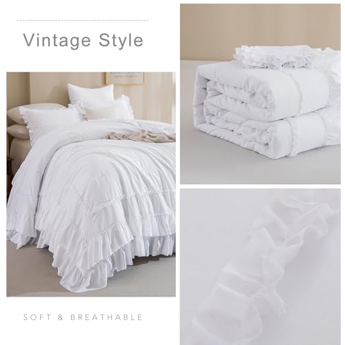 Image of QSH 3PCs Bright White Ruffled Oversized King Comforter 120x120,Shabby Boho Chic Farmhouse Ruffle Bed Comforter Set California King Comforter Ultra Soft Microfiber Lightweight Fluffy Bedding