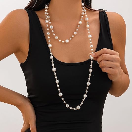 Gold Long Pearl Necklaces for Women Cream White Faux Pearl Strand Layered Necklace Double Layered Pearl Necklace Charm Sweater Chain Jewelry Gifts3