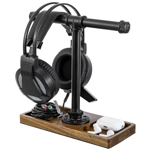 Image of MyGift Premium Acacia Solid Wood and Industrial Black Metal Pipe T-Bar Over Ear Headphones Holder, Tabletop Dual Headphone Display Stand with Accessories Tray