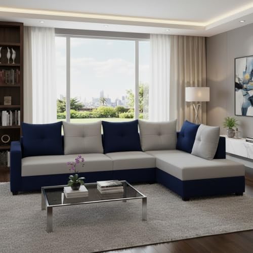 Image of SOCOZI Oriana 6 Seater RHS L Shape Sofa Set | Soft Velvet Suede Fabric | Modern Design | Plush Comfort Cushions for Living Room (Dark Blue-Light Grey)
