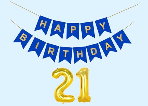 Image of 21st Happy Birthday Decoration Kit Dark Blue for 21 year Old Boys Girls Men with Number Twenty-one Party Decorations Decor Celebration Items Item Set Combo Reusable Paper Banner