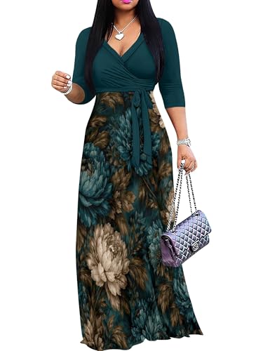 Image of Women's V Neck Floral Maxi Dress 3 /4 Sleeve Plus Size Boho Wrap Flowy Long Dresses with Belt
