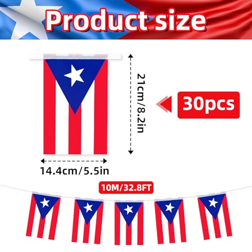 Image of 32.8 ft Puerto Rico Flag Banner, 30 Pcs Mini String Flags, Red White Blue Bunting for Puerto Rican Day Parade, Festivals, Home, Garden, and Outdoor Decorations