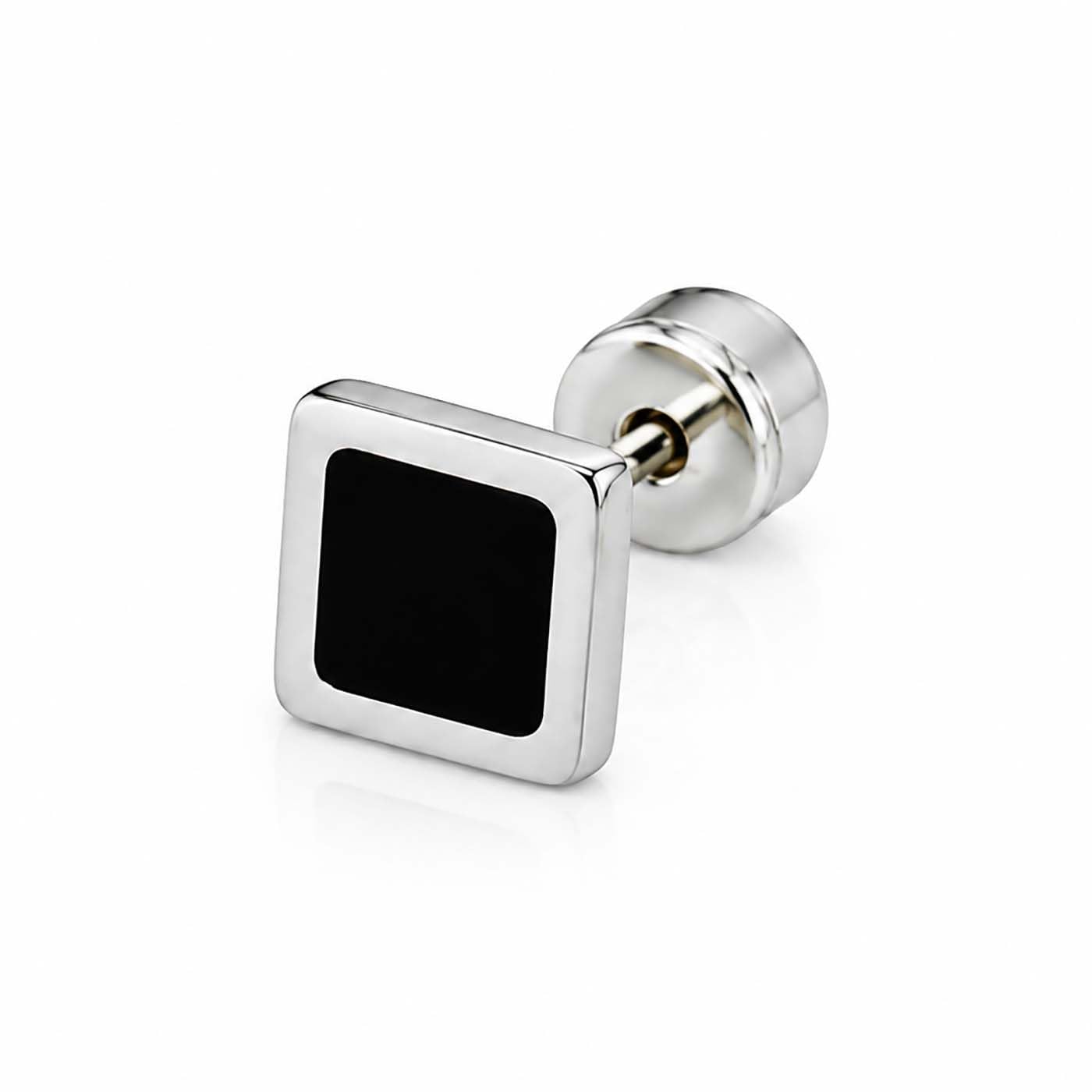 (1 Piece) Unisex Fancy & Stylish Stainless Steel Silver Tone Glossy Finish Elegant Black Square Design Dumbbell/Barbell Stud Ear Piercing Earrings for Men & Women-image-19