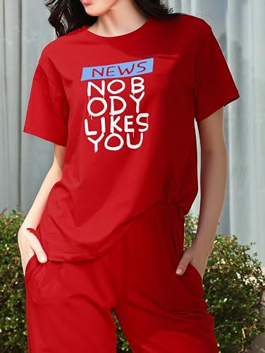 Image of ZEYO Night Suit for Womens Typography Printed Cotton Night Dress of Top and Joggers