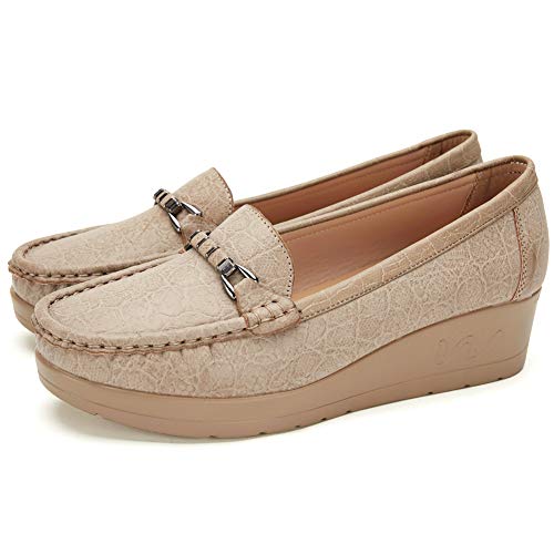 Zapatos Cuña Comodos Náuticos Mujer - Mocasín Cuero de Imitación para Mujer, la Mejor Opción para Caminar y Usar, Zapatos cuña Casuales, Adecuados para Todas Las Estaciones F2-KHAKI-37