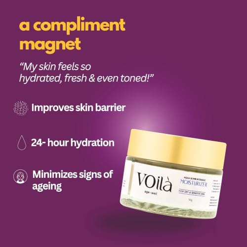Image of Voila age-well Aqua Bomb Intensive Summer Moisturizer for Women for anti-ageing | 24-Hour Hydration with Hyaluronic acid, natural retinol, bakuchiol, olive squalane & ectoin | Brightens and repairs dry and sensitive skin, reduces fine lines and boosts collagen | 50g