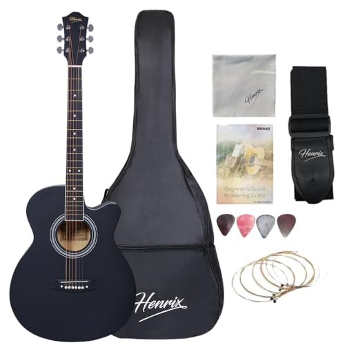 Image of Henrix Basswood PRO 40C 40-Inch Cutaway Acoustic Guitar With Dual Action Truss Rod, Gigbag, Picks, String Set, Strap, Cloth & Ebook - Black
