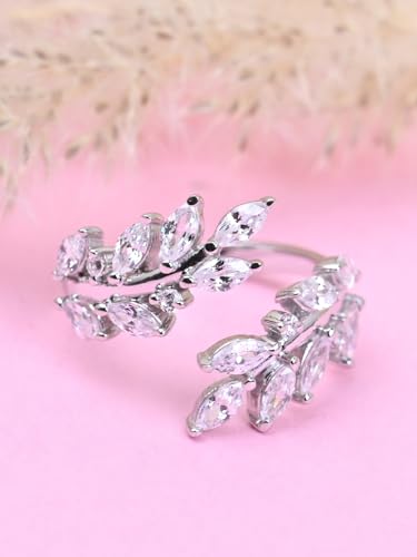 Image of Clara Pure 925 Silver Leafy Finger Ring with Adjustable Band for Women | Gift for Women Girls Wife Girlfriend | Swiss Zirconia | Platinum Plated | Minimal Daily Wear
