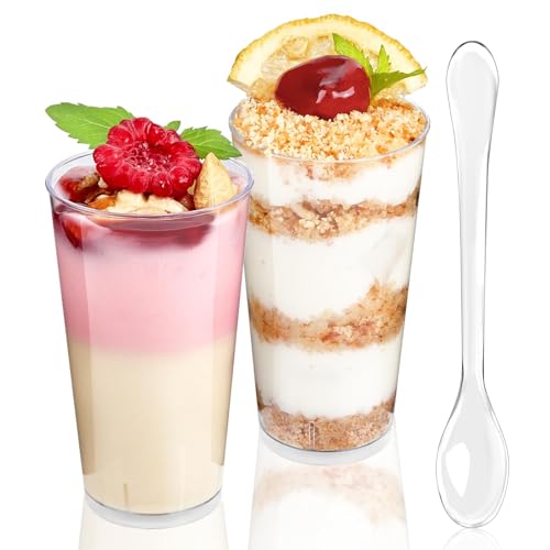 TOFLEN 50 Pack 3 oz Round Mini Dessert Cups with Spoons Clear Plastic Dessert Shooter Cups for for Party, Yogurt, Parfait, Cheesecake, Pudding, Jello and Appetizers
