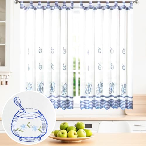 BOD HOME, 2 Piezas, Cortinas Blancas Translúcidas con Trabillas. Cortinas para Cocina, Diseños de Frutas y Tazas con Acabado de Color. Cortina Media Altura Hecha de Poliéster, 100x150cm (AnchoxAlto)
