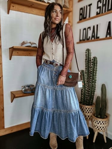 utcoco Women's High Waist Long Denim Skirt Button-Fly Tiered Ruffle Swing A-Line Jean Maxi Skirt with Pockets3
