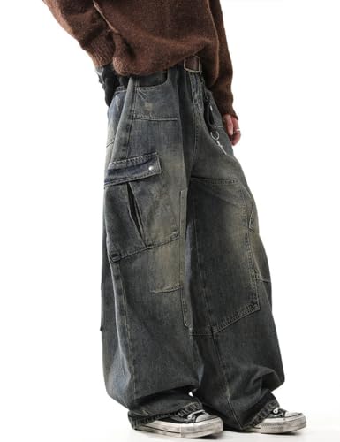 Baggy Barrel Jeans for Men Wide Leg Cargo Jeans Loose Distressed Denim Oversized Pants Fashion Casual Clothes3