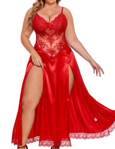 Image of Alrovetoney Plus Size Lingerie For Women Babydoll Sexy Mesh Maxi Nightdress Exotic Sleepwear Side Slits