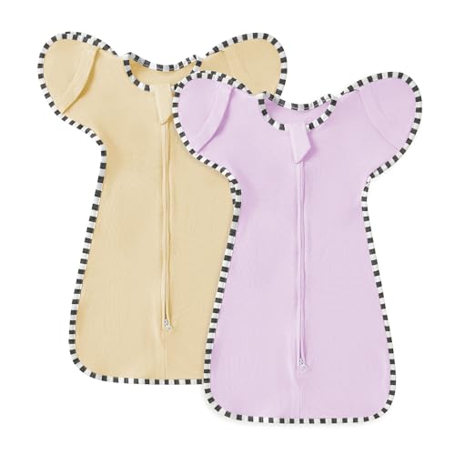 Image of ANHEBEIBEI Soft Cotton Swaddle Blanket, Arms Up Baby Sleep Transitional Swaddle Sack Wearable Sleeping Bag for Boy Girl (Purple + Light Khaki, M(3-6 Months))