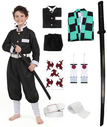 UQJE Kids Kamado Tanjir Cosplay Costumes Anime Tanjir Cosplay Outfit Halloween Kimono Set with Retractable Sword