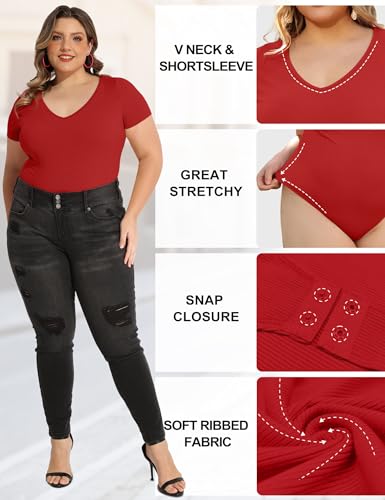 Image of COOTRY Plus Size Short Sleeve Bodysuits for Women V Neck Body Suit Tops Basic One Piece Bodysuit T Shirt