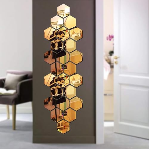 Image of Bikri Kendra - Hexagon 24 Golden Mirror Stickers for Wall, Acrylic Mirror, Wall Decor Sticker, Acrylic Stickers, Wall Stickers for Hall Room, Bedroom, Kitchen.