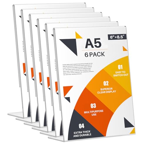 WenYa A5 Acrylic Tabletop Sign Holder (6 Pack) - L-Shape & Slant Back Display Stand for Menus, Posters, Signage | Countertop Frame for Office, Restaurant, Retail