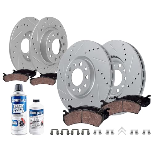 Image of Detroit Axle - 10pc Brake Kit for 2013-2016 Dodge Dart, Drilled and Slotted Disc Rotors 2014-15 Ceramic Brakes Pads with Hardware Replacement : 12.00 inch Front 10.39 inch Rear Rotor