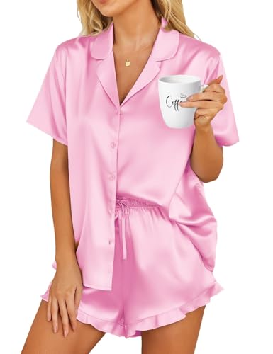 HOTOUCH Womens Satin Pajamas Set Button Down 2 Piece Silk Pjs Shorts Set Ruffle Notch Collar Sleepwear Pink,M