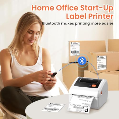 Image of Bluetooth Shipping Label Printer with 3 Roll Labels | D450BT White Thermal Label Printer 4x6 for Small Business, Thermal Printers Come with 750PCS 4x6 Labels (250 Labels /Roll)