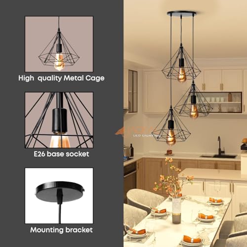 Image of JACKAL Vintage Pendant Light (with Bulb) | Decorative Fancy Lights for Home, Living Room, cafe, Restaurants & Bar (Vintage, 3 Set Diamond, Metal, Medium, 1, LED Pendant Light)