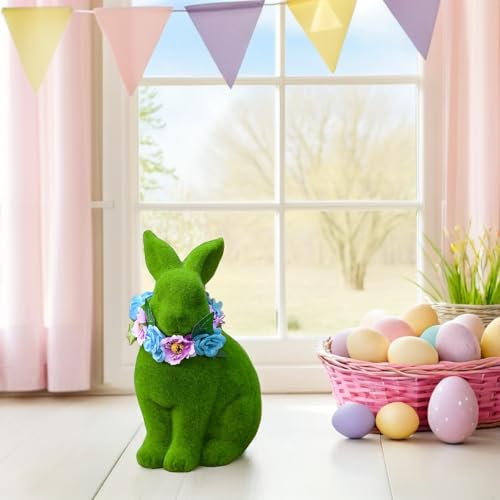 Lapin floqué vert mousse 25 cm Abaodam pour décoration cadeau de Pâques