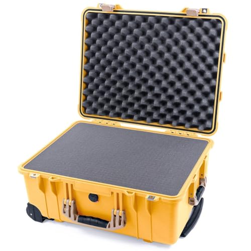 ColorCase Pelican Protector 1560 Case Yellow - Waterproof Case with Pick & Pluck Foam & Convoluted Lid Foam - Desert Tan Handles & Latches