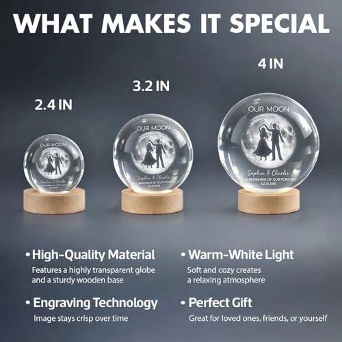Image of Evamall Personalized Moon Phase Crystal Ball Night Light, Custom Night Sky By Date Lamp, Our Special Day Keepsake Gift for Couple Anniversary Wedding
