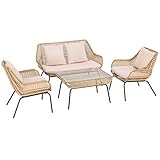 Stylischer Tisch: Der große, quadratische Rattan Tisch mit seiner Tischplatte aus gehärtetem Glas ist ein echter Mittelpunkt für das Set.
