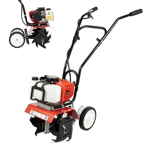 52CC 2-Stroke Tiller Cultivator, 1700W Gas Powered Engine Rototiller Adjustable Soil Tilling Machine Single Cylinder Air-Cooled Garden Tool with 0.22GAL Fuel Tank for Greenhouses Farmland Orchards