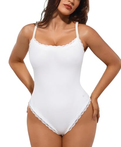 Image of Popilush Lace Body Suits Women - Square Neck Sleeveless Thong Bodysuit Tummy Conotrol Double Lined Camisole Tank Tops