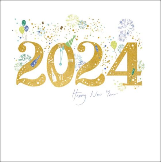 Woodmansterne 2024 Happy New Year Card - Fireworks and Party Decorations with Foil Details - Eco-Friendly and Recyclable