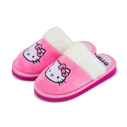 Hello Kitty Pantoufles mules pour filles – Chaussures d'intérieur en fausse fourrure rose avec motif brodé – Semelle antidérapante – Chaussures de...