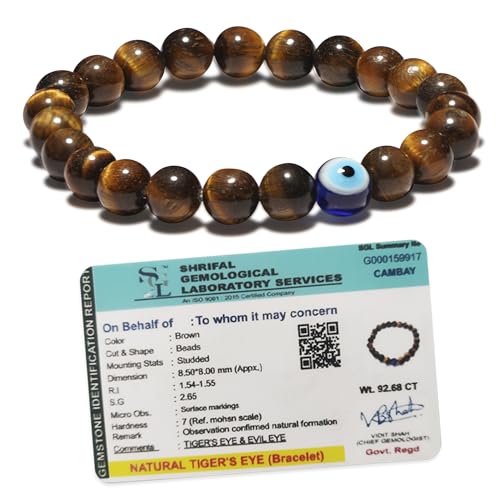 SOLAVA Original Tiger Eye Bracelet for Woman and Men with Evil Eye and Lab Certificate - Natural Energised Brown beads Bracelet for Courage, Protection and Will Power - 8MM Beads