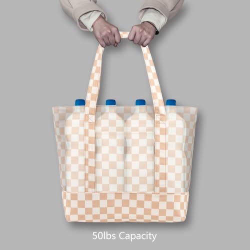 Image of TOPDesign 1-Pack Canvas Tote Bag with an External Pocket, Reusable Grocery Shopping Bag, Top Zipper Closure, Daily Essentials (Khaki Checkered)