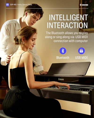 Image of Donner DDP-400 Digital Piano with 88 Key Progressive Weighted Keyboard, Premium Upright Piano Keyboard for Professional, Bundle with Headphone, Bluetooth, Record,138 Tones,100 Rhythms, LCD, Brown