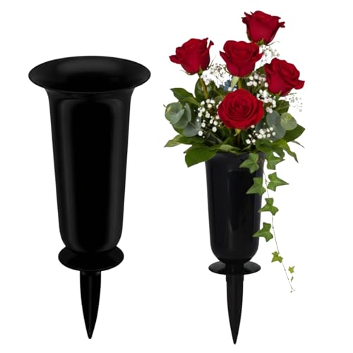 matches21 HOME & HOBBY Wetterfeste Grabvasen mit Erdspieß 32 cm schwarz - 2 Friedhofsvasen zum Stecken als Grabschmuck