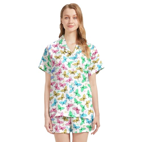 Image of Funny Pajamas for Women Set Print Satin Loungewear Pjs Short Sleeve Button Down Top and Shorts Sets Sleepwear XS-3XL