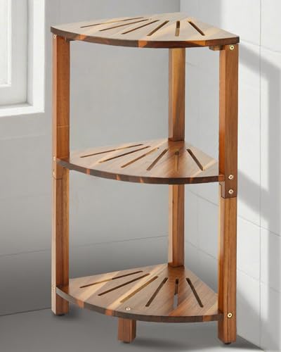 IBosins Corner Shower Caddy Standing 3-Tier Bathroom Shower Shelf for Inside Shower Natural Acacia Wood Organizer & Storage for Bedroom Living Room Kitchen