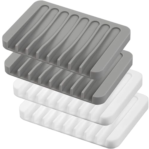 Image of Self Draining Soap Dishes, 4 Pcs Silicone Soap Saver, Waterfall Drainer Soap Holder for Bathroom, Extend Soap Life, Keep Soap Bars Dry Clean & Easy Cleaning (White & Grey)