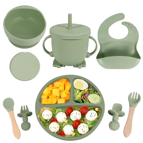Image of Silicone Baby Feeding Set, Baby Led Weaning Supplies with Suction Bowl Divided Plate, Self Feeding Spoons Forks Sippy Cup Adjustable Bib, Eating Utensils for 6+ Months (Green)