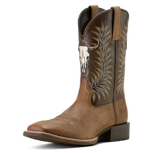 ARIAT Mens Sport Steer Skull Embroidered Square Toe Pull On Casual Boots Mid Calf - Brown
