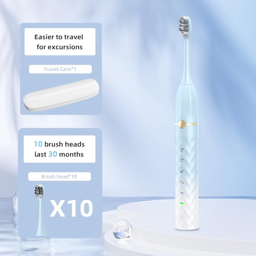 Image of Sonic Electric Toothbrush Set, Equipped with 10 Brush Heads and Travel Case, IPX8 Waterproof, 2-Minute Timer, 42000 High-Frequency Vibrations, 5 Modes, The First Choice for Gift Giving,Blue White