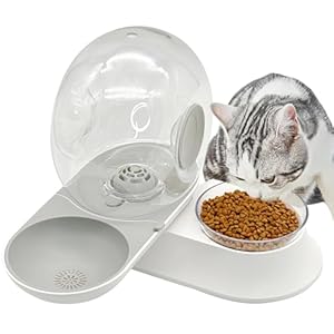 Fhiny Gravity Cat Water Dispenser, 2.8L Automatic Pet Waterer & Food Bowls, 2-in-1 Large Capacity Rotatable Water and Feeder Bowls, Detachable Puppy Water Bottle for Cats Small Dogs Easy Clean (Grey)