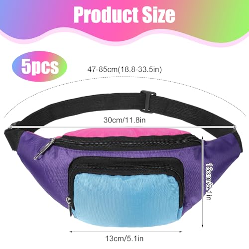 5 Pcs Retro 80s 90s Neon Fanny Pack Multicolor Waist Packs with Multiple Pockets, Adjustable Belt Bag for Festival Travel Party Costume Jogging, 80s outfit for women