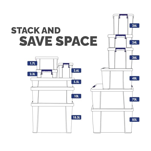 BANKERS BOX 4x 10L Plastic Storage Boxes with Lids. ProStore Super Strong Stackable Plastic Storage Boxes (14 x 34 x 21.5cm), Made in the UK, Clear