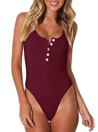 REORIA Womens Sexy Sleeveless Halter Neck Racer Back Leotard High Waist Thong Bodysuits Tank Tops Burgundy X-Large