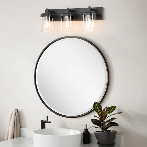 Image of SineRise Vanity Light Fixture,3-Light Vanity Light for Bathroom,Matte Black Bathroom Vanity Lighting Over Mirror with Square Clear Glass Shade for Restroom